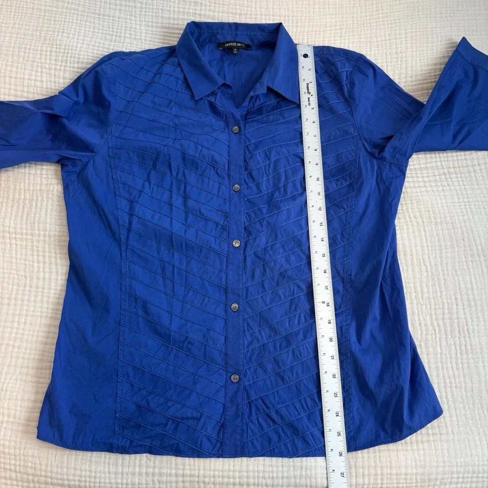 Lafayette 148 New York Shirt Womens 14 Blue Button Front Short Sleeve Career - Picture 9 of 10